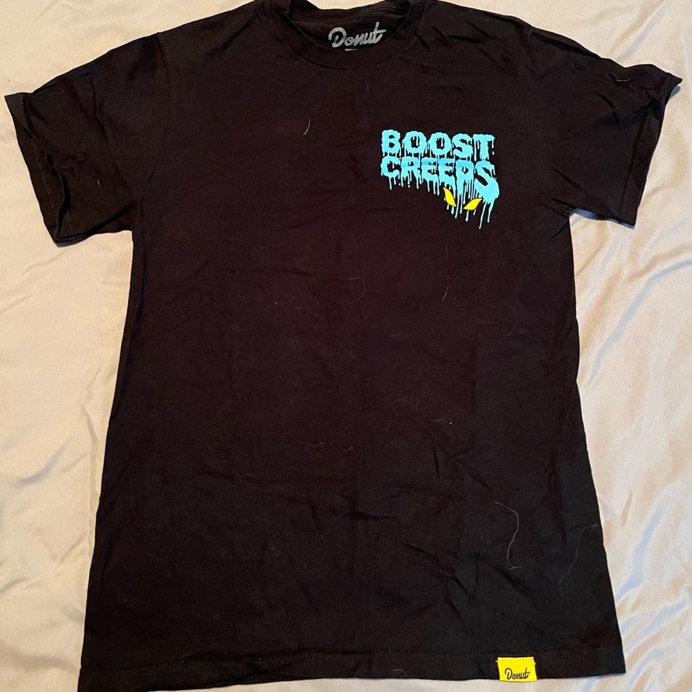 Donut Boost Crepes Black Short Sleeve Tee with Blue & Yellow Graphic